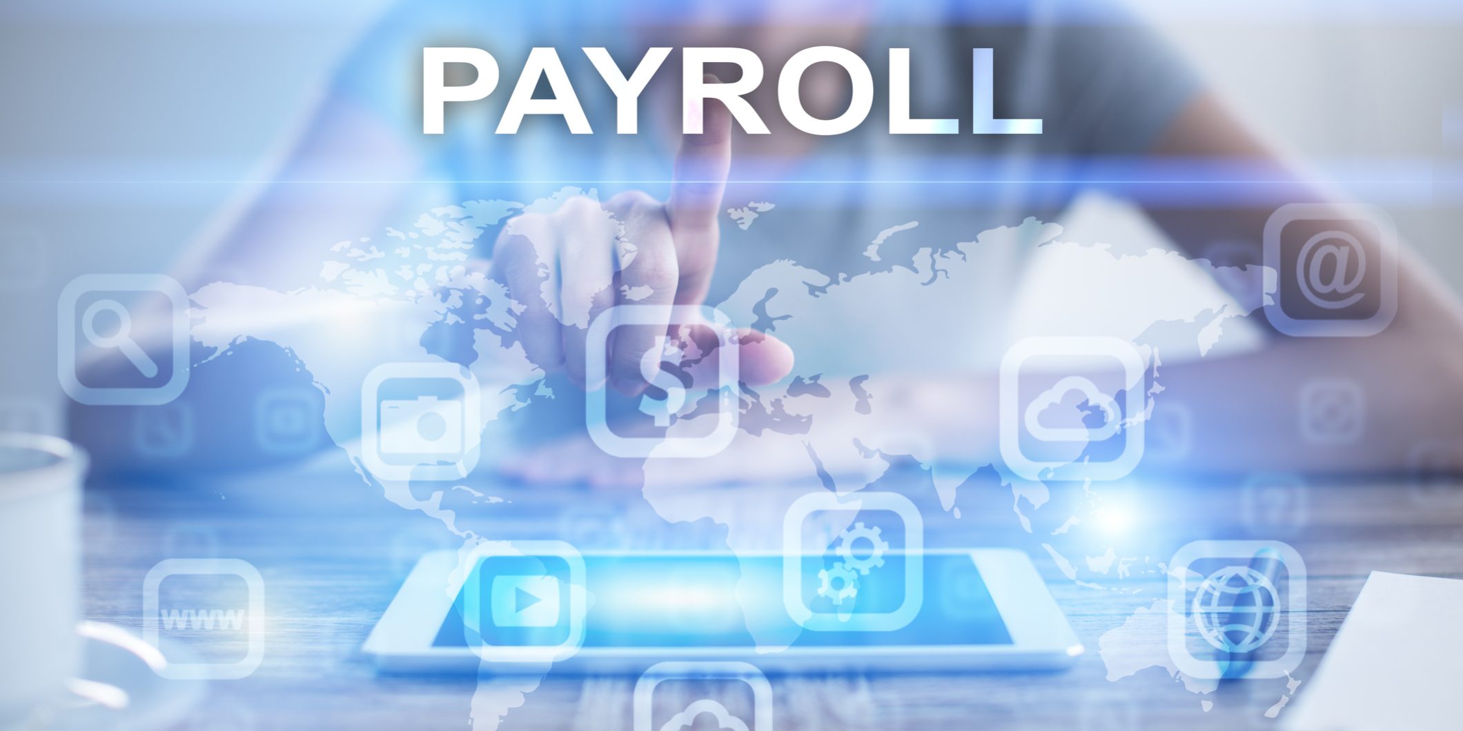 Woman using tablet pc, pressing on virtual screen and selecting payroll